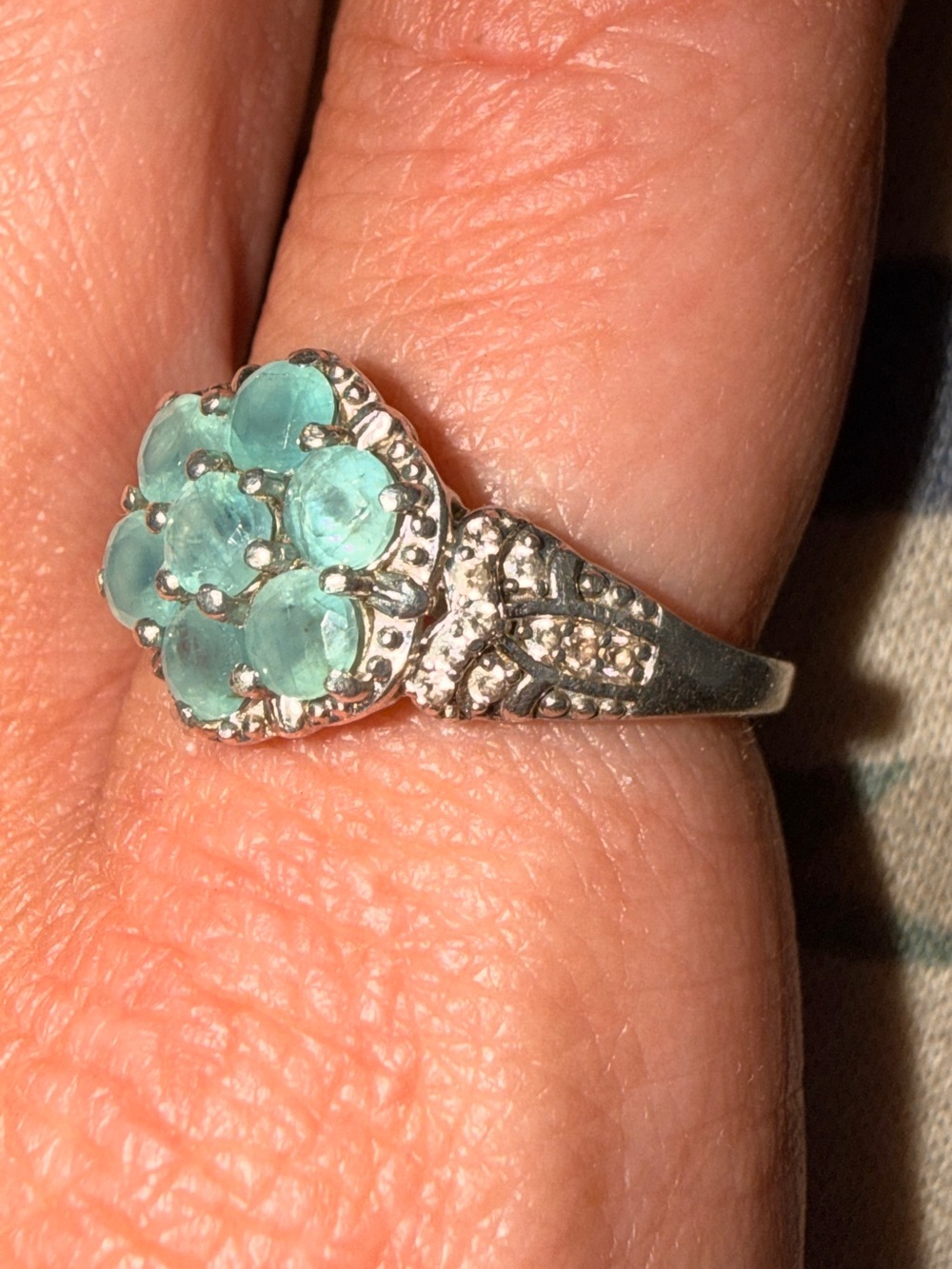 ✨Rare ✨925 Sterling Silver Grandidierite & Diamond Flower Cluster Ring Sz8 - Picture 6 of 17